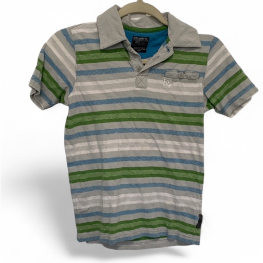 Y2K DC Shoes Green Blue Gray Striped Short Sleeve Polo Shirt
